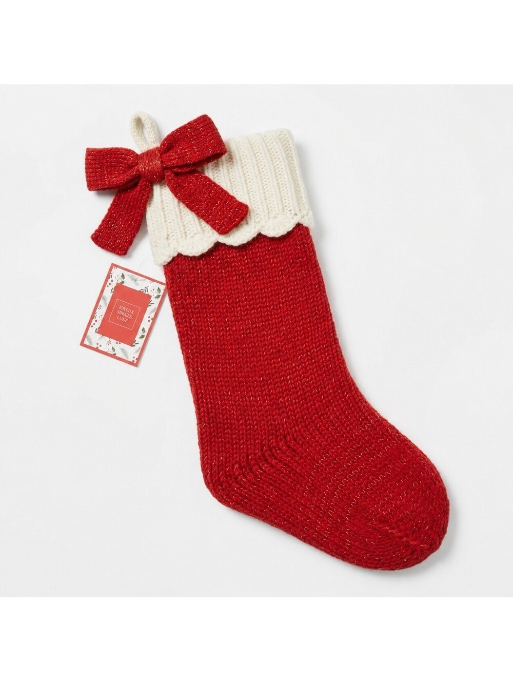 North Spruce Lane Red Metallic Knit Christmas Stocking Ivory Cuff White Bow 20"
